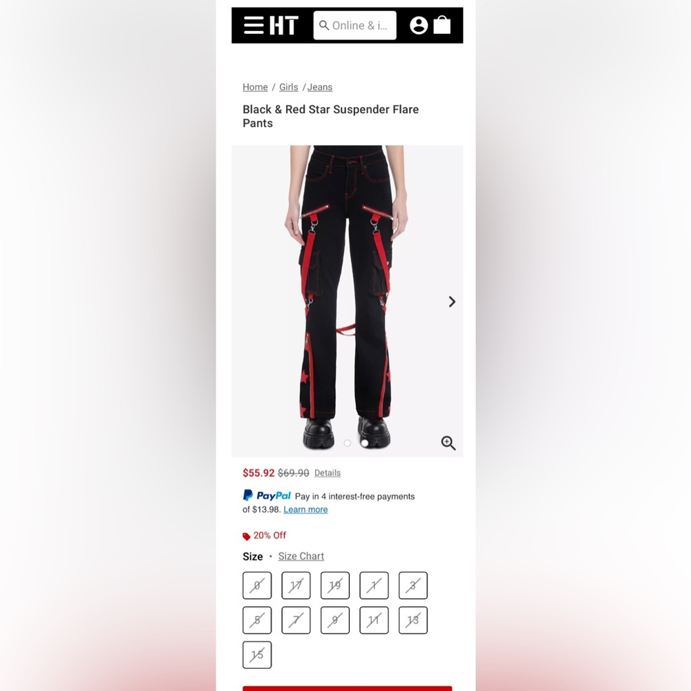 Hot Topic Black & Red Star Suspender Flare Pants